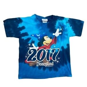 DISNEY PARKS Disneyland 2017 Kids Blue Tie Dye Sorcerer Mickey Mouse Shirt XS